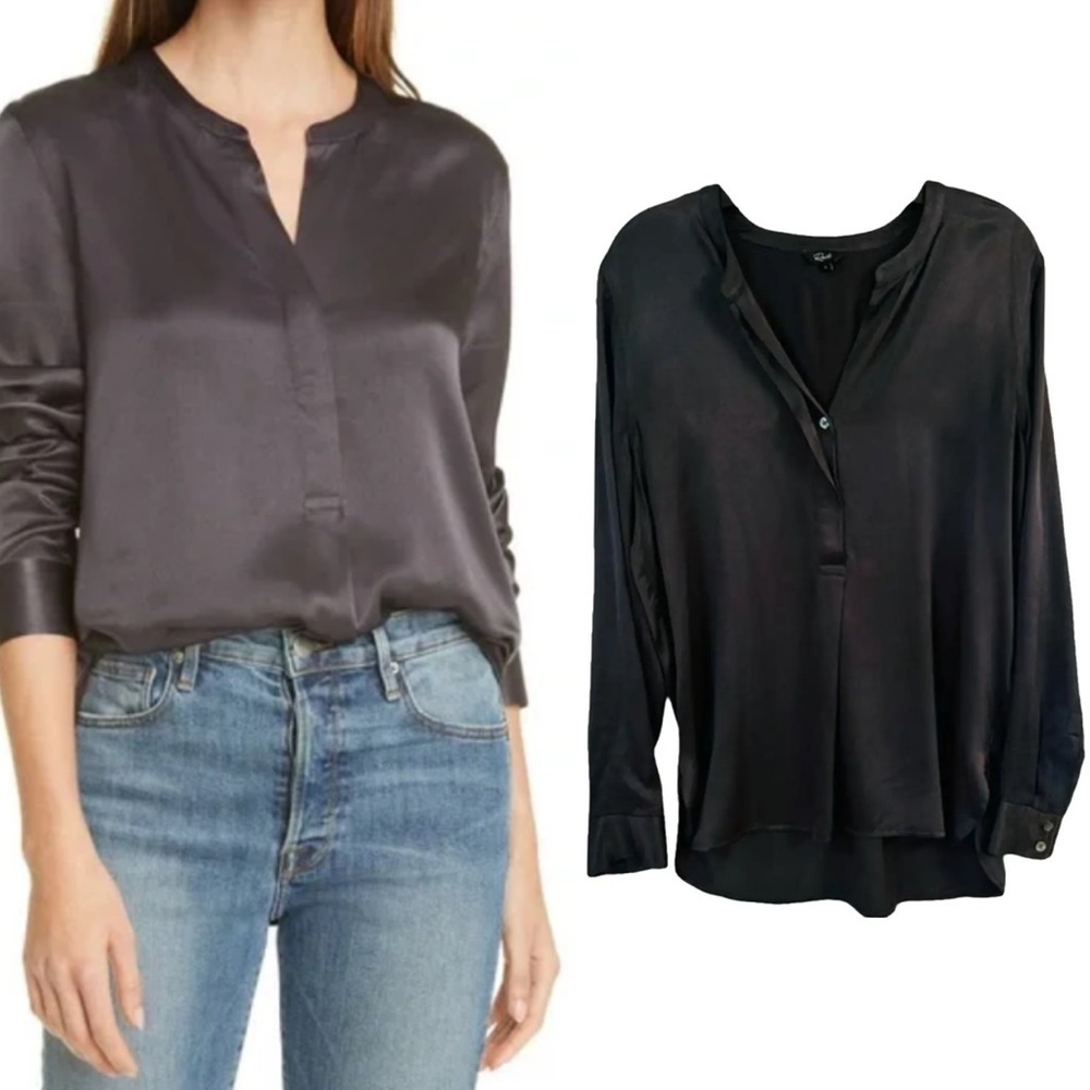 Rails | Reiss Slate Pearl Popover Blouse in black satin like size small